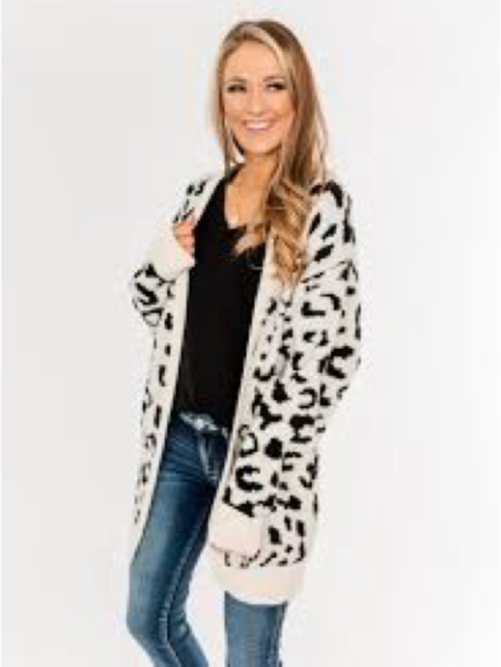White birch Cream & Black Leopard Open-Front Cardigan 1 XL